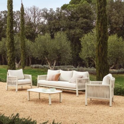 Set Sofá 3 Plazas Sillones Mesa Centro Cuerda Aluminio Beige, 208 Cm