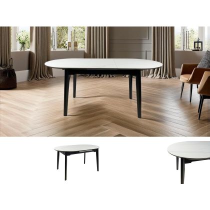 Mesa Extensible Ovalada Sobre Porcelánico Blanco Metal Negro, 140/180 Cm