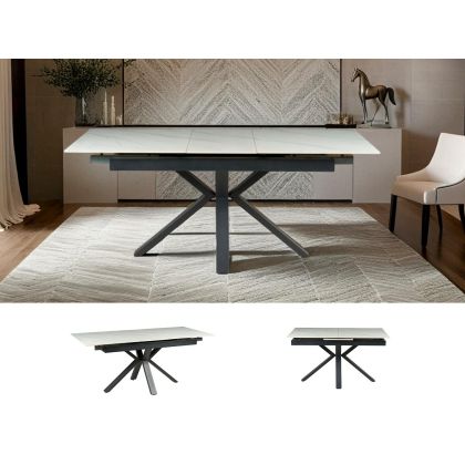 Mesa Extensible Rectangular Sobre Porcelánico Blanco Metal Negro, 140/180 Cm