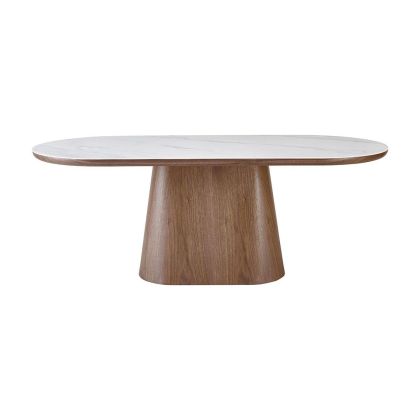 Mesa Comedor Tapa Ovalada Porcelánico Blanco Nogal, 200 Cm