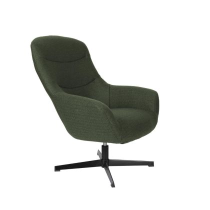 Sillón giratorio en madera tapizado en tejido verde con patas de metal negro.