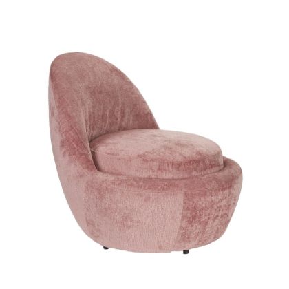 Sillón redondeado moderno en metal tapizado de tejido color rosa.