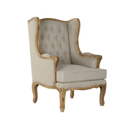 Sillón Capitoné Tapizado Lino Madera Mango Tallada, 72 Cm
