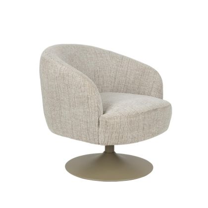Sillón nórdico moderno tapizado en tejido beige jaspeado y base de acero marrón.