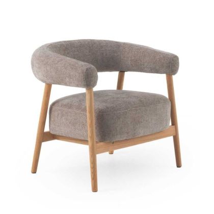 Poltrona Estofada Taupe Madeira Carvalho Natural, 77 Cm