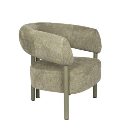 Sillón nórdico en metal tapizado en tela verde.