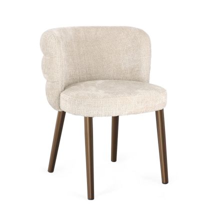Silla en madera contrachapada tapizado en tejido beige y patas de acero bronce.