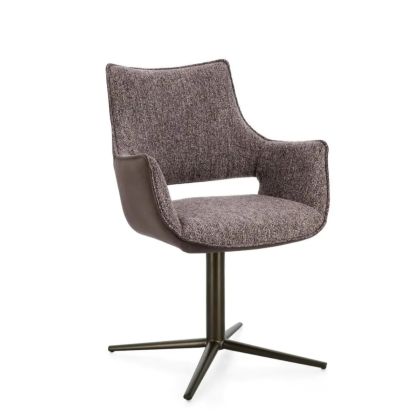 Silla giratoria en madera tapizada en tejido marrón y marrón oscuro con estructura de acero chocolate.