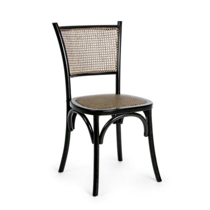 Silla en madera de olmo negro y ratán trenzado natural.