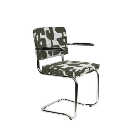 Silla de madera tapizada en tejido verde y metal cromado, 60 cm