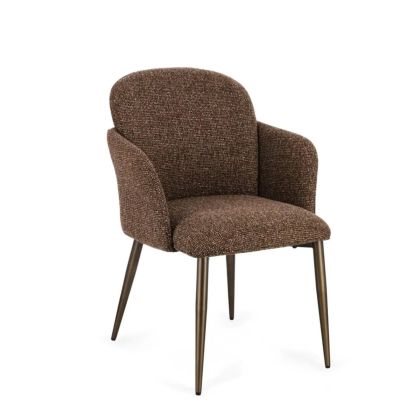 Silla en madera contrachapada tapizado en tejido toffe y patas de acero bronce cepillado.
