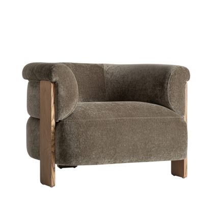 Sillón en madera de pino marrón tapizado verde chenilla.