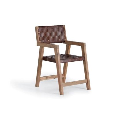 Sillón Dubai Madera Natural Piel Marrón, 90 Cm