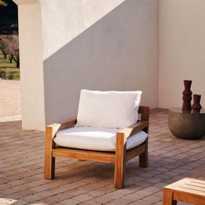 Sillón Forcanera Exterior Estilo Nórdico Tejido Blanco Madera Teca, 84 Cm