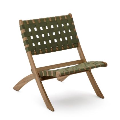 Sillón plegable de jardín en madera de acacia marrón y cuerda verde.