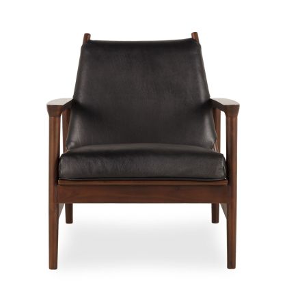 Black Leather Teak Wood Armchair Walnut Color, 68 Cm