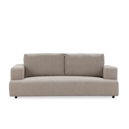 Sofá en madera de abedul tapizado en tejido gris.