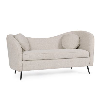 Sofá 2 plazas en madera de pino tapizado gris claro con patas de metal negro.