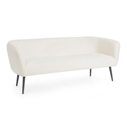 Sofá 3 plazas en madera contrachapada tapizado blanco con patas de metal negro.