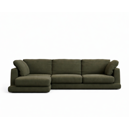 Sofá 4 plazas chaise lounge en madera tapizada en verde oscuro.