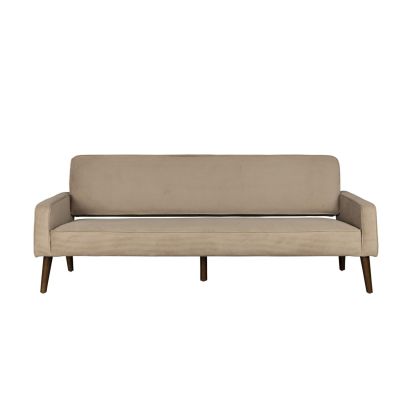 Sofá en madera nogal tapizado beige.