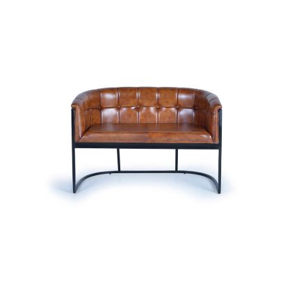 Sofá 2 Plazas Cuero Marrón Hierro Negro, 115 Cm