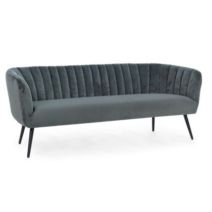 Sofá 3 plazas en madera contrachapada tapizado gris con patas de metal negro.