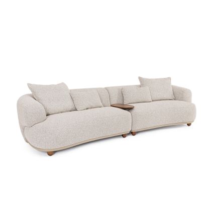 Sofá modular madera de pino tapizado gris claro, con cuero sintético beige y mesa auxiliar en madera de roble marrón y acero negro.