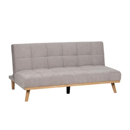 Sofá cama en madera natural tapizada en tejido gris y pie de metal negro.