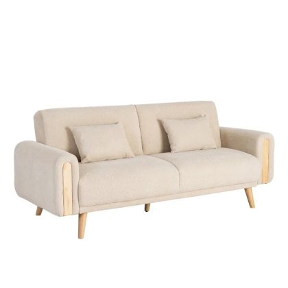 Sofá cama en madera natural tapizada en tejido crema.
