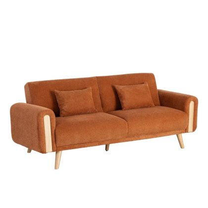 Sofá cama en madera natural tapizada en tejido terracota.