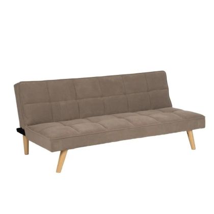 Sofá cama en madera natural tapizada en tela beige.