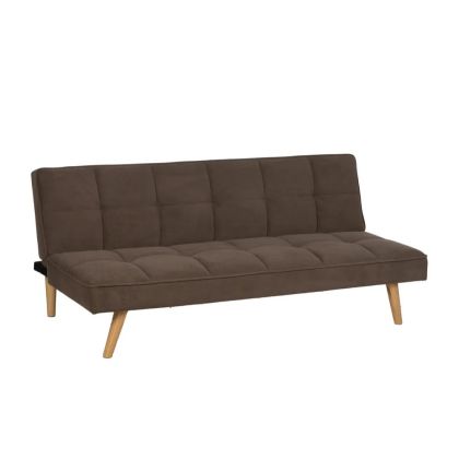 Sofá cama en madera natural tapizada en tela taupe.