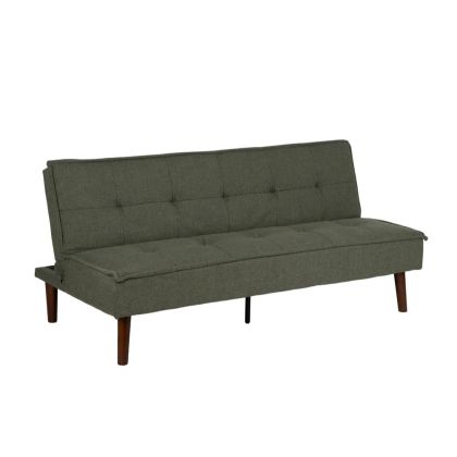 Sofá cama en madera marrón tapizada en tejido verde y pie de metal negro.
