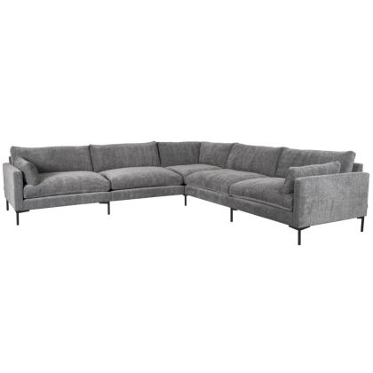 Sofá rinconero de 7 plazas en tejido gris con patas de metal negro.