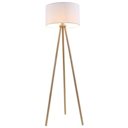 Lámpara De Pie Trípode Madera Pantalla Tejido Blanco, 148 Cm
