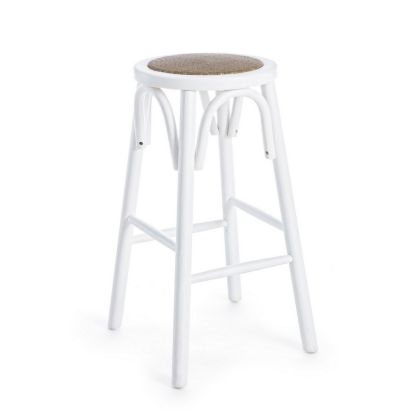 Taburete en madera de olmo blanco y ratán natural.