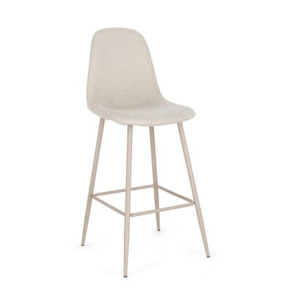 Taburete en madera tapizada en tela topo y patas de metal beige.
