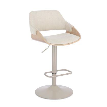 Taburete alto giratorio en madera natural tapizada en tela blanca y base de metal beige.