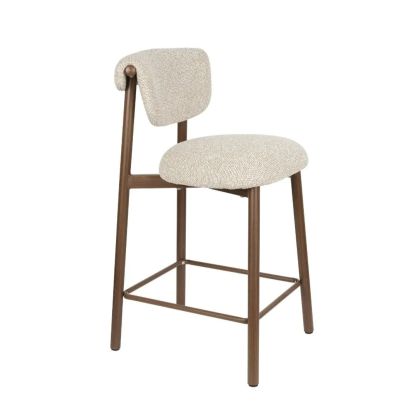 Taburete en metal efecto madera nogal tapizado en tejido beige.
