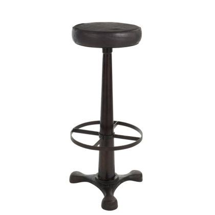 Taburete bar industrial en metal negro tapizado en cuero negro.