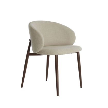 Silla de comedor nórdica moderna con estructura metálica marrón tapizado en tela beige.