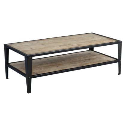 Mesa de centro industrial en madera de abeto natural y hierro negro.