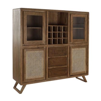 Vitrina Colonial Madera Acacia Rattan Cristal Botellero Marrón,160 Cm
