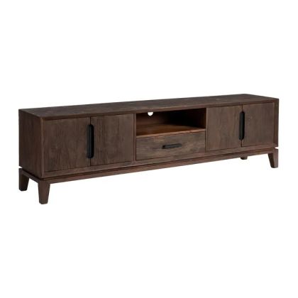 Mueble de TV nórdico en madera de mango marrón oscuro.