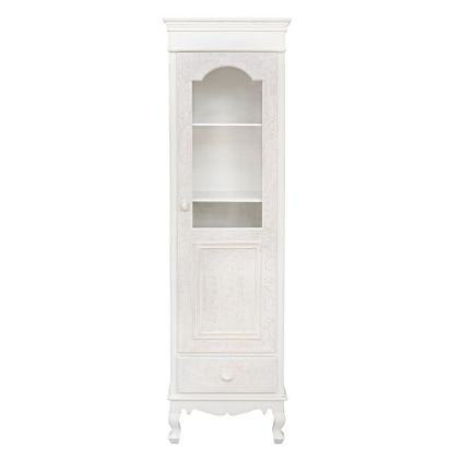 Vitrina en madera blanco opaco decapado y puerta de cristal.