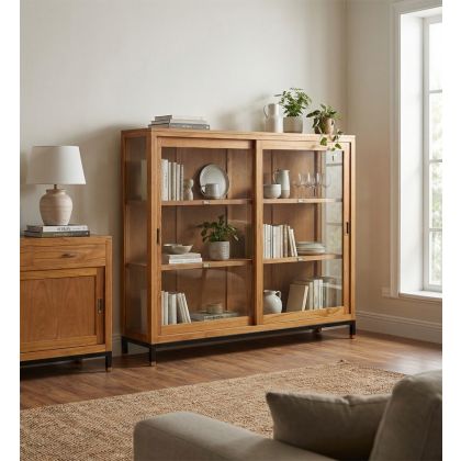 Vitrina en madera de mindi natural, cristal, hierro negro y detalles en bronce.