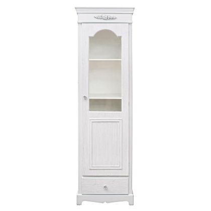 Vitrina en madera blanco opaco decapado y puerta de cristal.