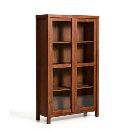 Vitrina en madera de acacia marrón y puertas de cristal.