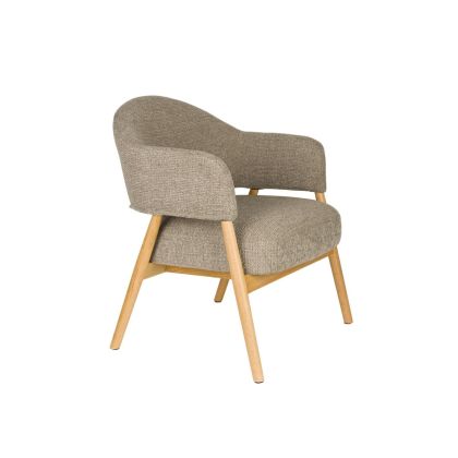 Silla nórdica en madera de roble tapizada en tela marrón oscuro.
